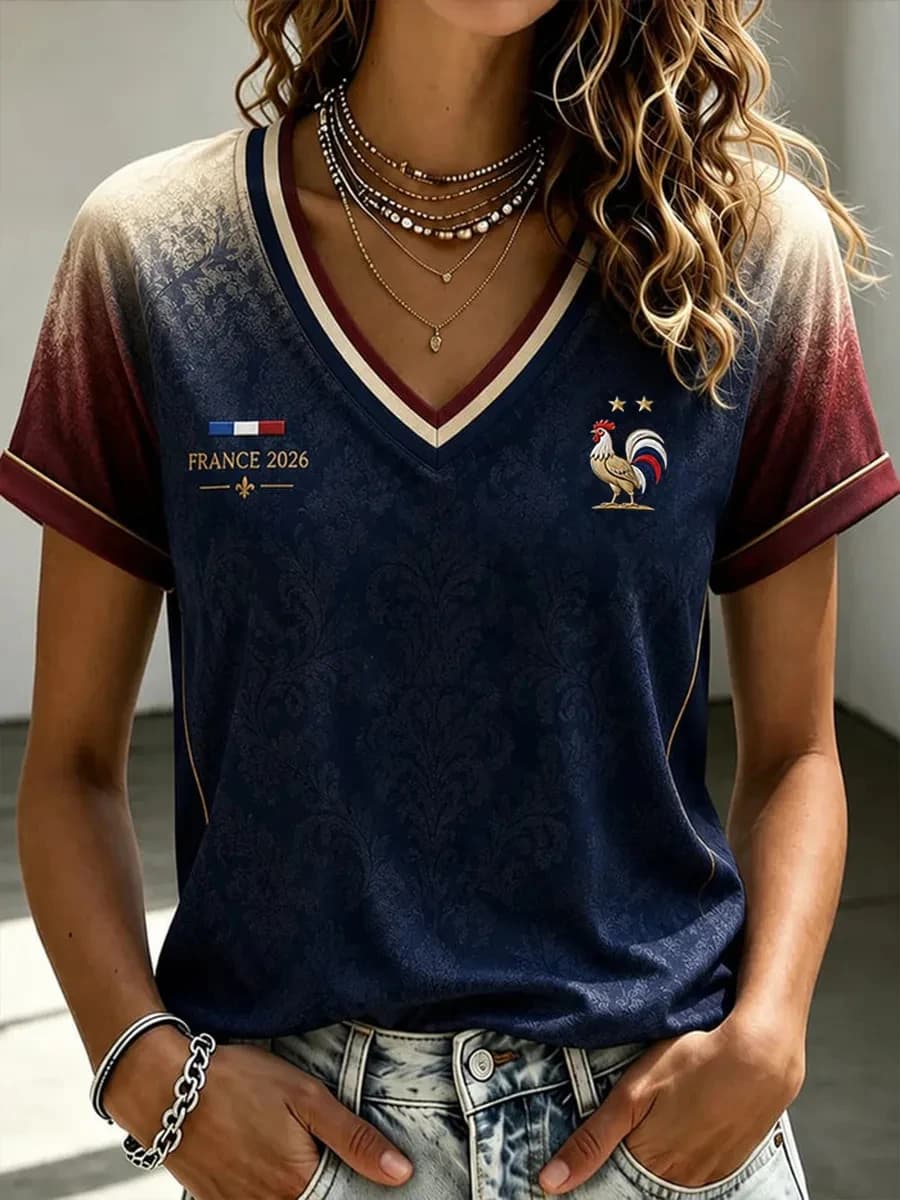 T-shirt à manches courtes pour femme avec imprimé fan de football français, T-shirt culturel sur le