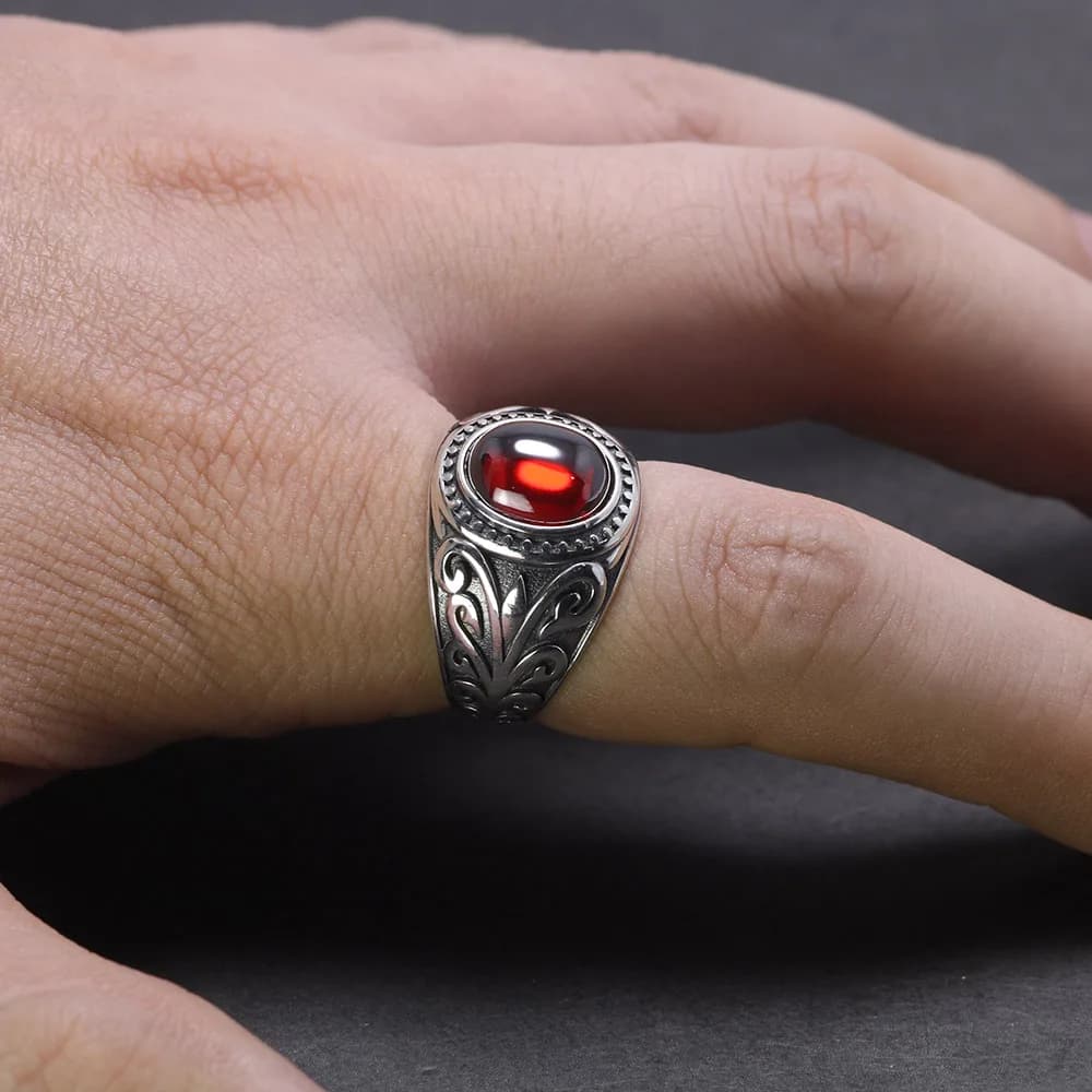 Véritables matiques vintage en argent regardé 925 pour hommes, fleurs gravées avec grenat rouge, pie