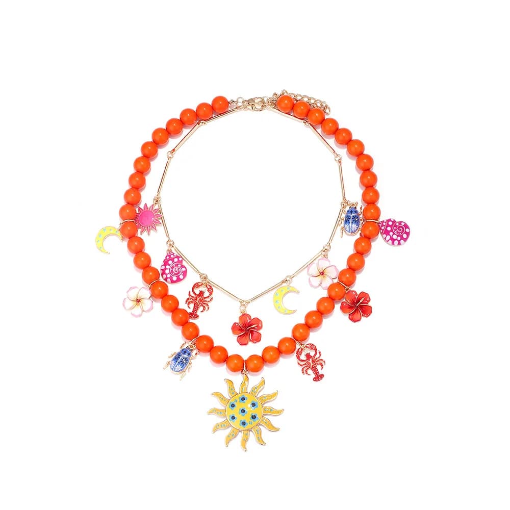 Nouveaux colliers bohèmes orange perlés avec pendentifs soleil, fleur, lune et homard pour femmes, a