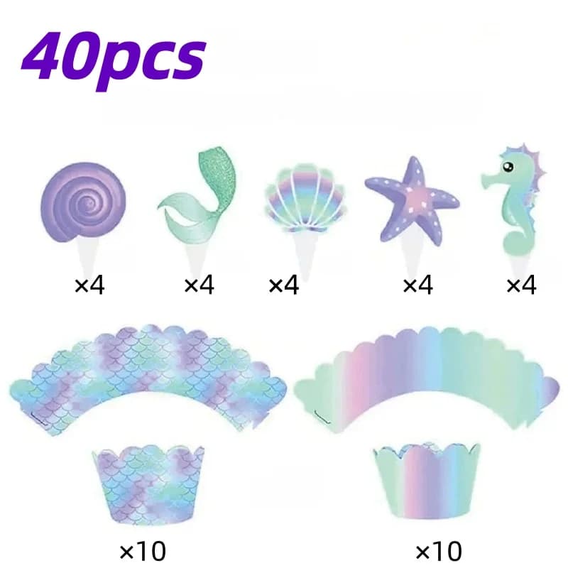 Lot de 40 décorations de gâteau sur le thème de la sirène et de l'océan, avec panneaux et décoration