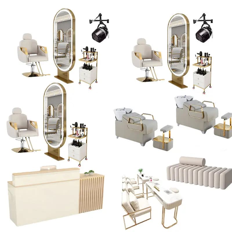Équipement de Salon de coiffure, Station de miroir, lit de shampoing, chaises de barbier, ensemble d