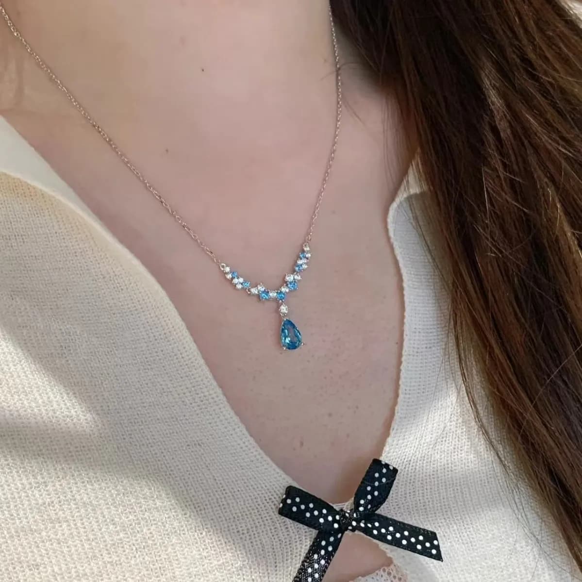 Collier de gouttelettes d'eau en argent 925 incrusté de diamants, pierre précieuse bleue de mer fraî