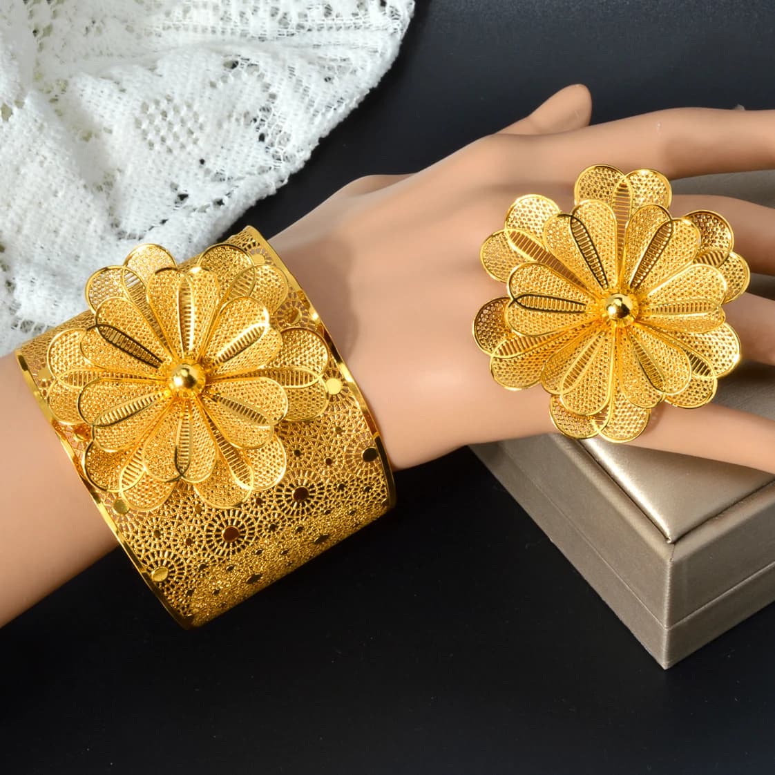 ZEADear luxe plaqué or Bracelet anneaux ensembles dubaï ethiopie France indien fleur anneaux Bracele