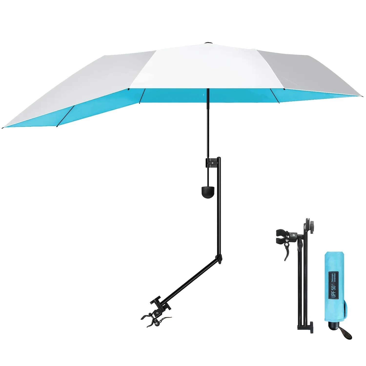 Parasol de chaise à fixation par pince UPF 50+, 360° ° Parasol portable réglable et pivotant pour
