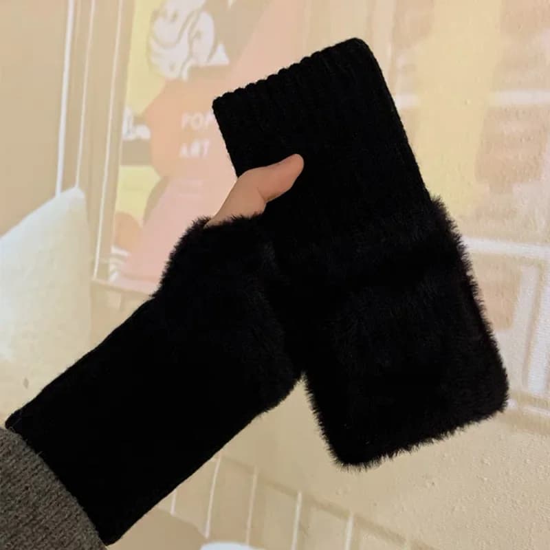 Gants demi-doigts doux pour femmes, chauds, de luxe, en peluche blanche unie, tricotés, sans doigts,