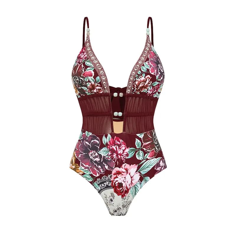 Maillot de bain une pièce vintage rouge ajouré à imprimé pivoine, sexy et amincissant, pour femme, a