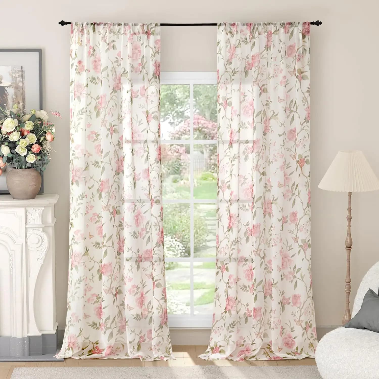 Rideaux transparents floraux pour chambre de filles, rideaux en lin semi-transparents avec filtrage 