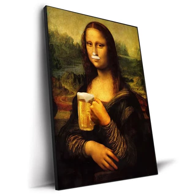 Affiches et impressions de Mona Lisa et chat, peinture sur toile Mona Lisa buvant une bière, art mur