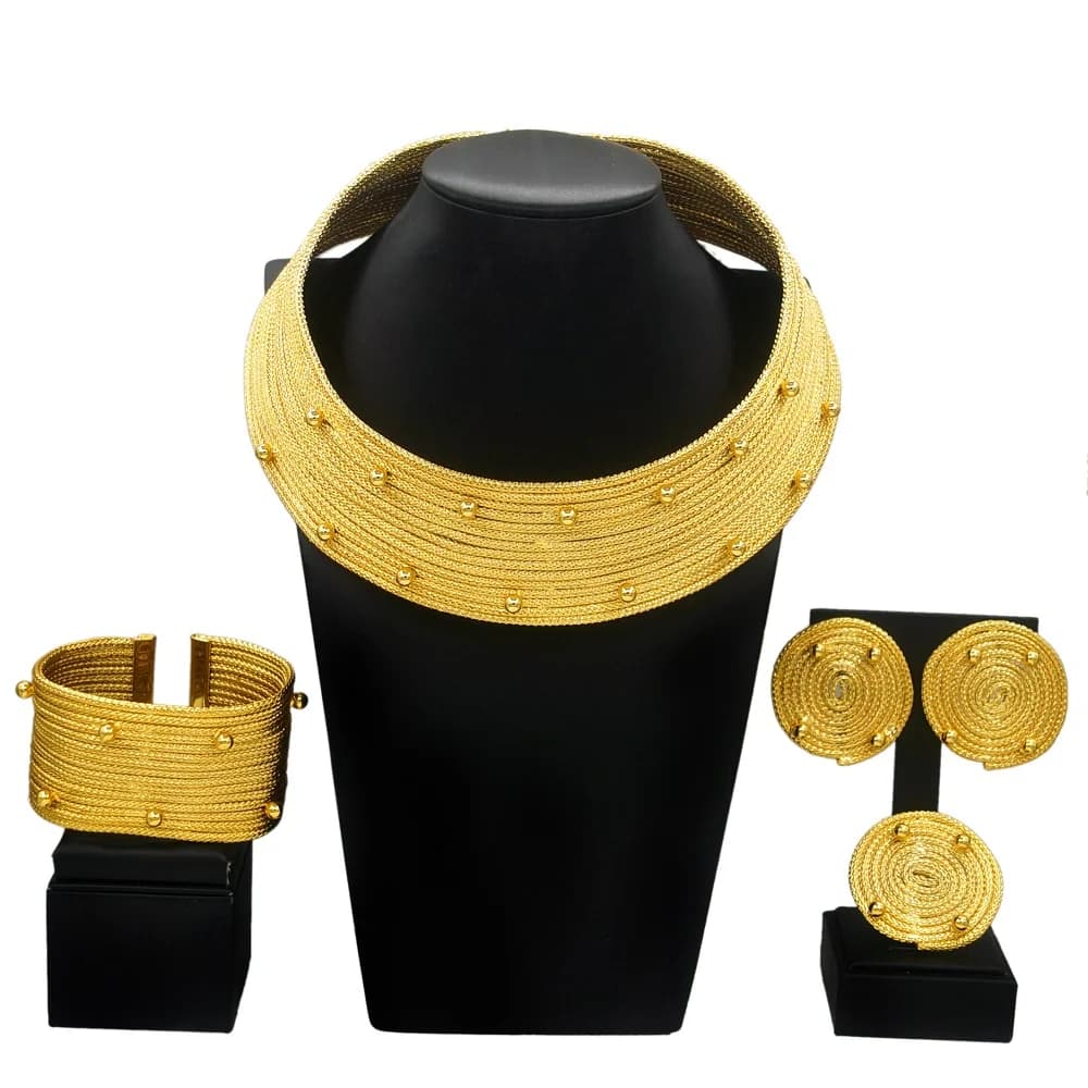 Ensembles de bijoux plaqués or brésiliens pour femmes, collier exclusif, boucles d'oreilles, bague,