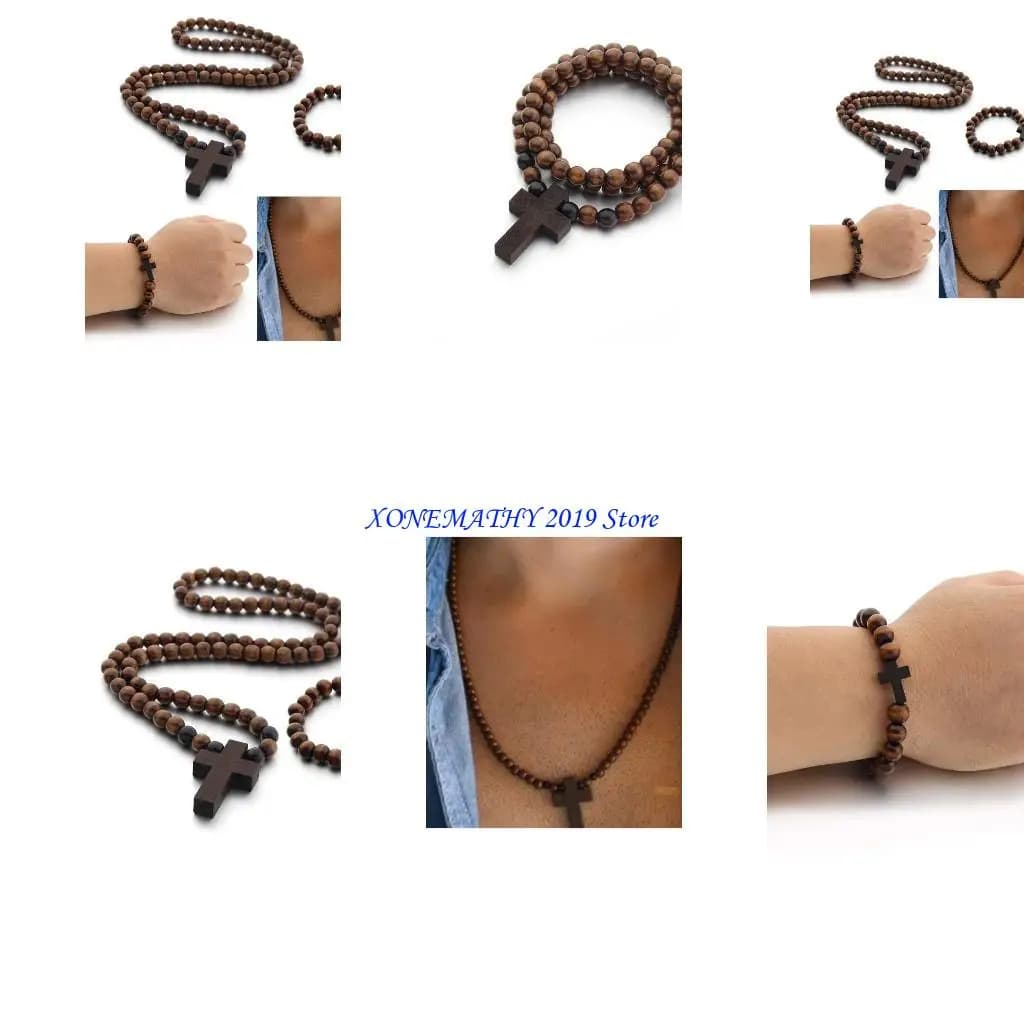 F42f crucifix jesus bracelet en bois collier pendentif pour hommes perles en bois sculptées chapelet