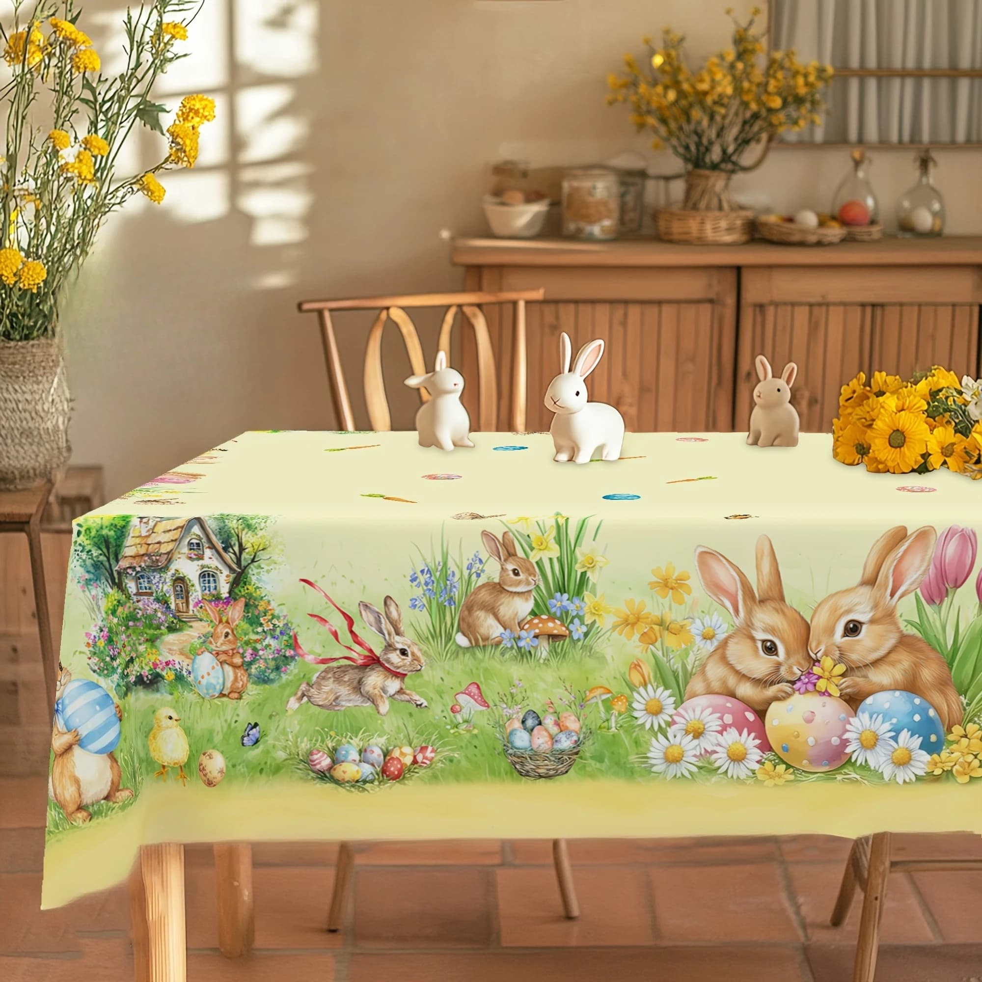 Nappe de table pour décoration de table, motif lapin de Pâques, œufs, fleurs, tulipes, marguerites, 
