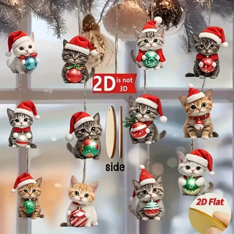 Décorations d'arbre à chat de noël, 12 pièces, avion 2D, Festivals et décorations de fête en bois, P