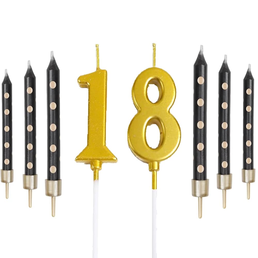 Bougies d'anniversaire en or noir, 8 pièces, 18/20/30/40/50/60/70/80ème, bougies à gâteau pour décor
