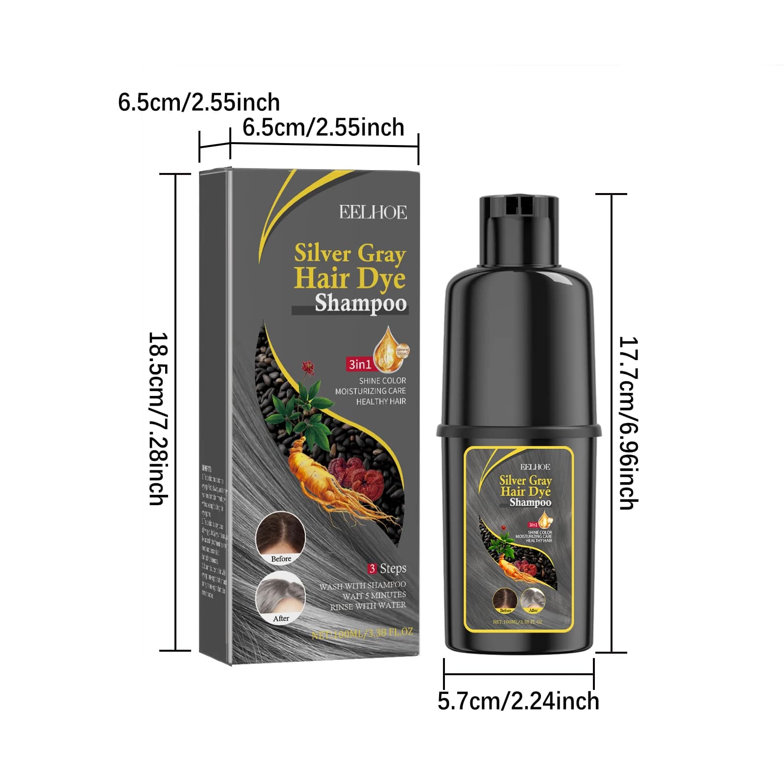 Shampooing colorant pour cheveux, couvrant les cheveux gris et blancs, couleur noir naturel, anti-dé