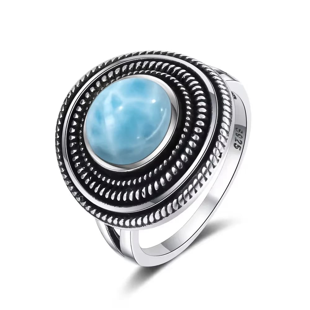 Bague en argent sterling 925 certifiée originale avec pierre naturelle Larimar bleue, bagues vintage