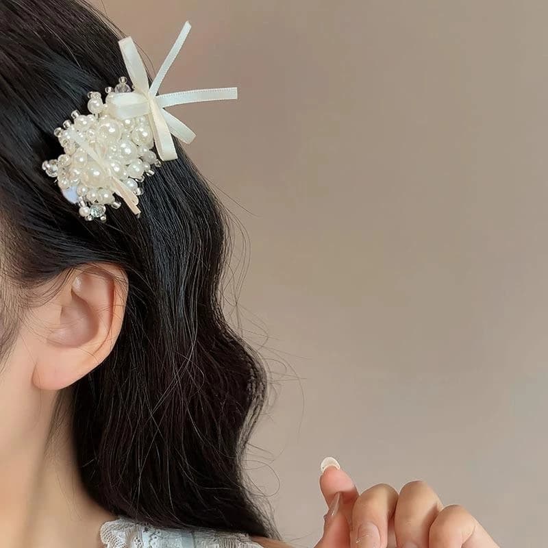 Épingle à cheveux style ballet français pour femme – Ruban à nœud imitation perle |   Couvre-chef à 