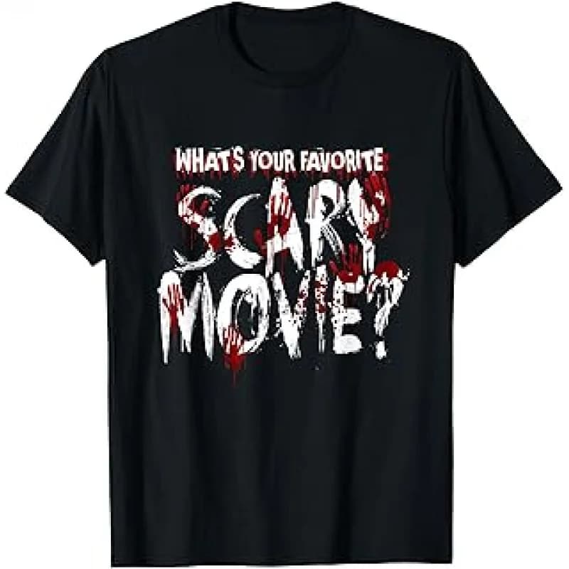 Qu'est-ce que votre film effrayant préféré? Film d'horreur imprimé T-shirt à manches courtes col ron