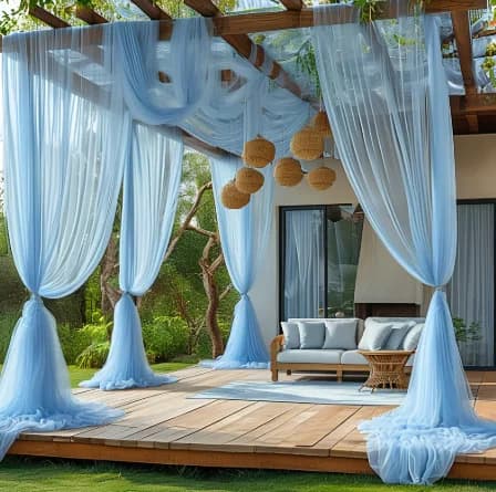 Chemin de Table transparent en tissu Tulle bleu ciel, nœuds de chaise, rideaux d'arrière-plan pour r