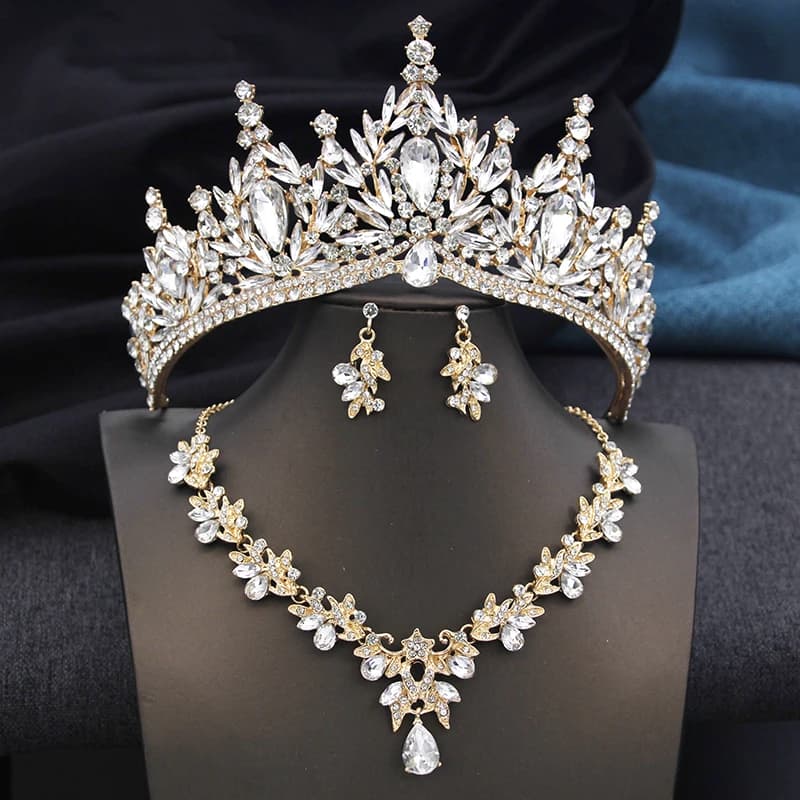 Diadèmes et couronnes de mariée avec ensemble collier et boucles d'oreilles pour femmes, ensembles d