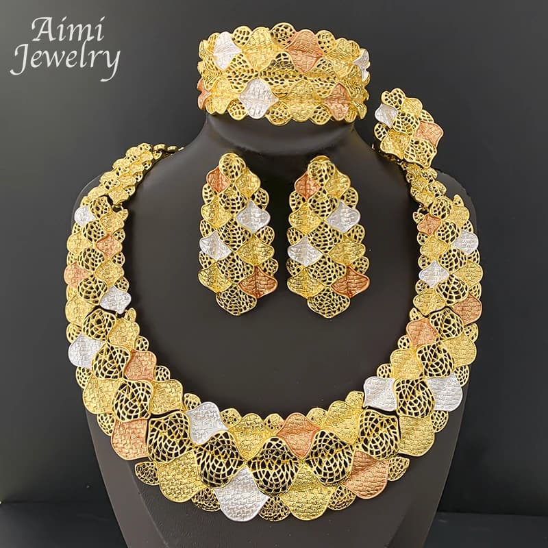 Ensemble de bijoux colorés exagérés plaqués or 18 carats pour femmes, ras du cou épais, collier, bou