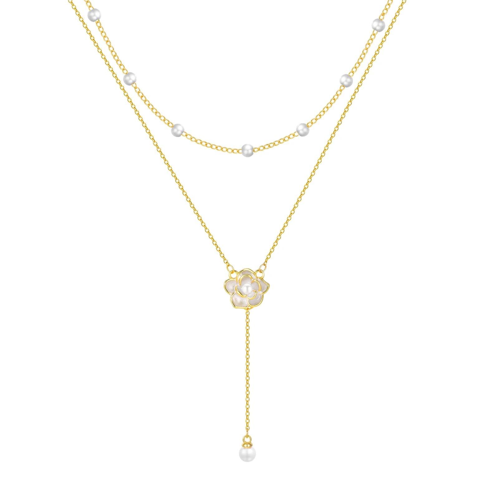 Collier double couche en Y Larit pour femme, collier pendentif fleur Danity avec perles, bijoux JOPa