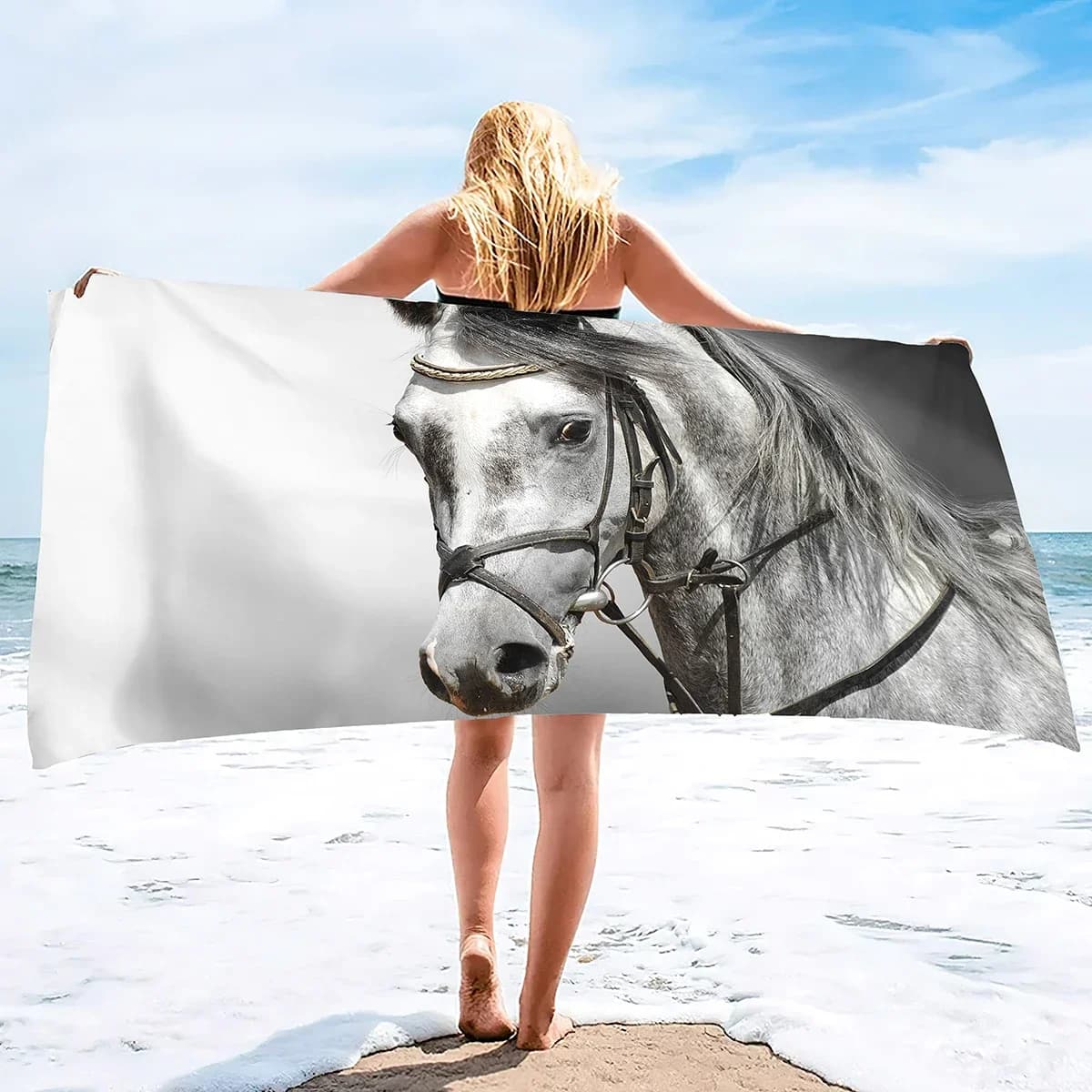 Serviette de plage 3D Horse en microcarence à séchage rapide, serviette de bain, couverture fine ada