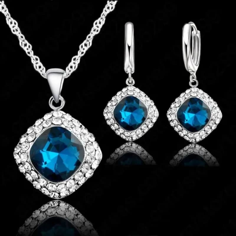 Ensemble de bijoux en strass bleu paon comprenant pendentif en argent Sterling 925, collier, boucles
