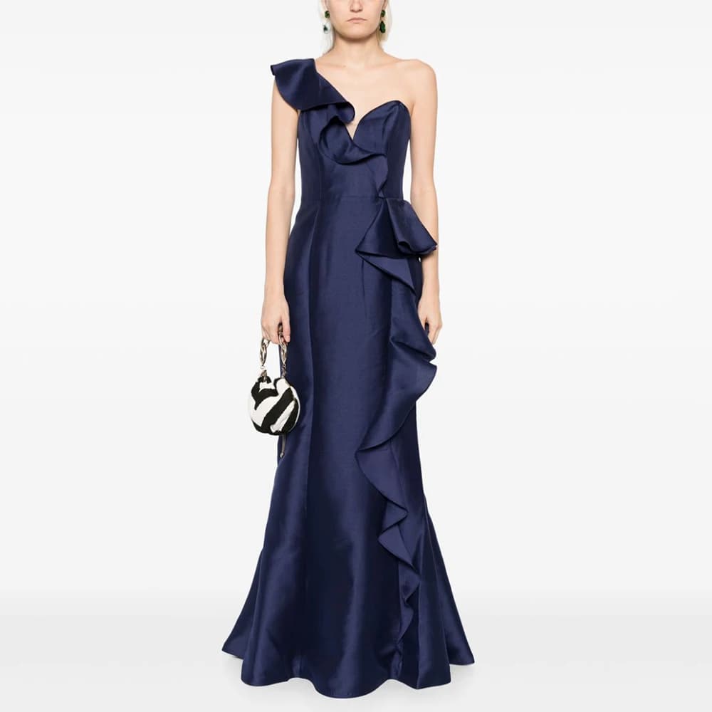 Robe d'invité de mariage en satin bleu marine pour femme, à volants, robe de soirée formelle, sirène