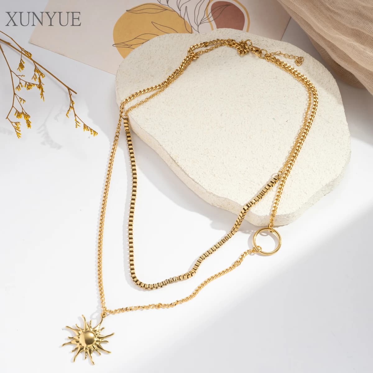 XUNYUE – collier avec pendentif grand soleil exagéré, tendance, Double couche, chaîne en os de serpe