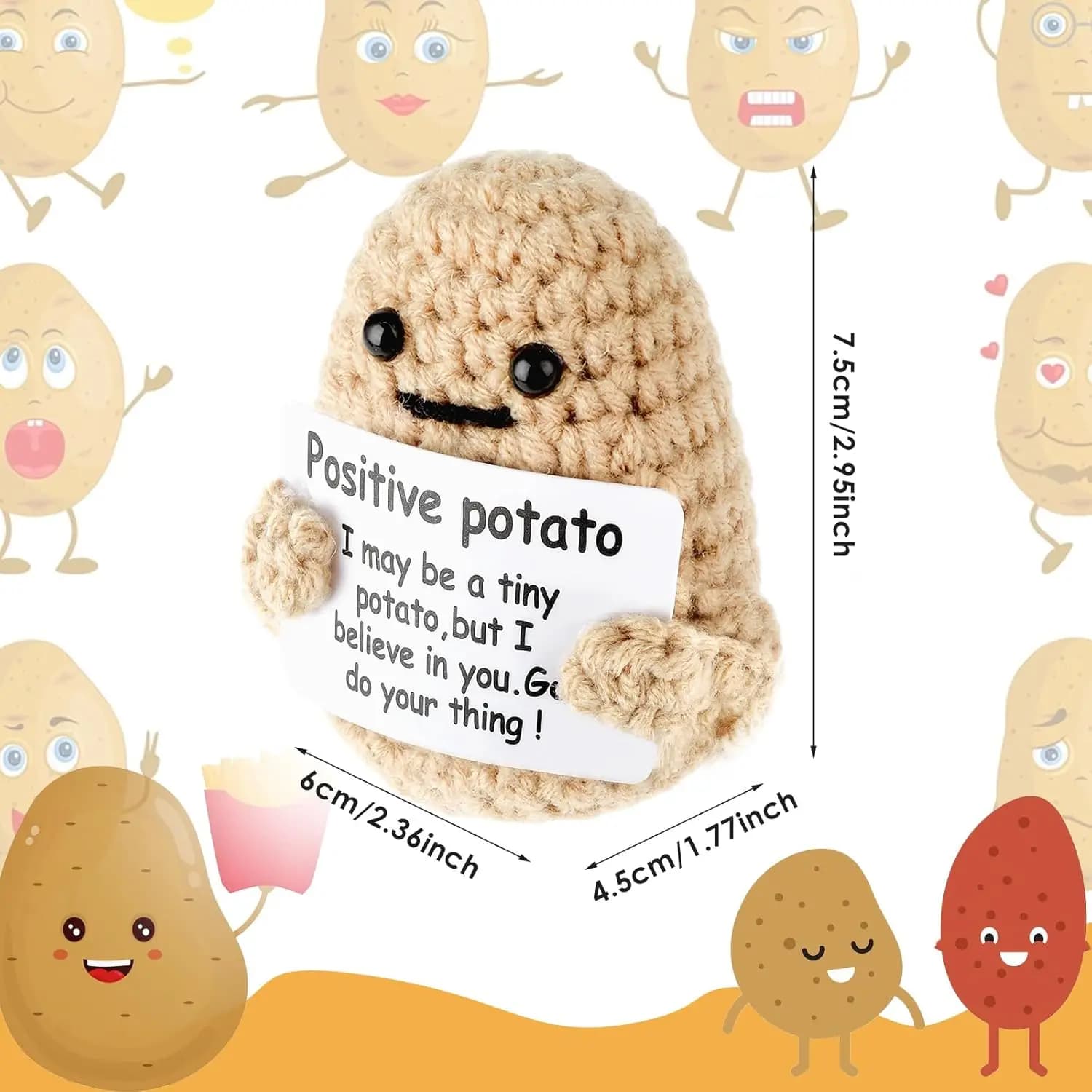 Poupée Pomme de terre à énergie positive, mini, faite main, en laine tricotée, à câliner, format de 