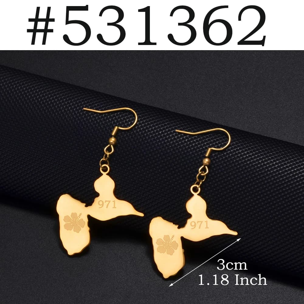 1 paire de boucles d'oreilles en acier inoxydable pour femme, avec carte de la Guadeloupe, fleurs d'