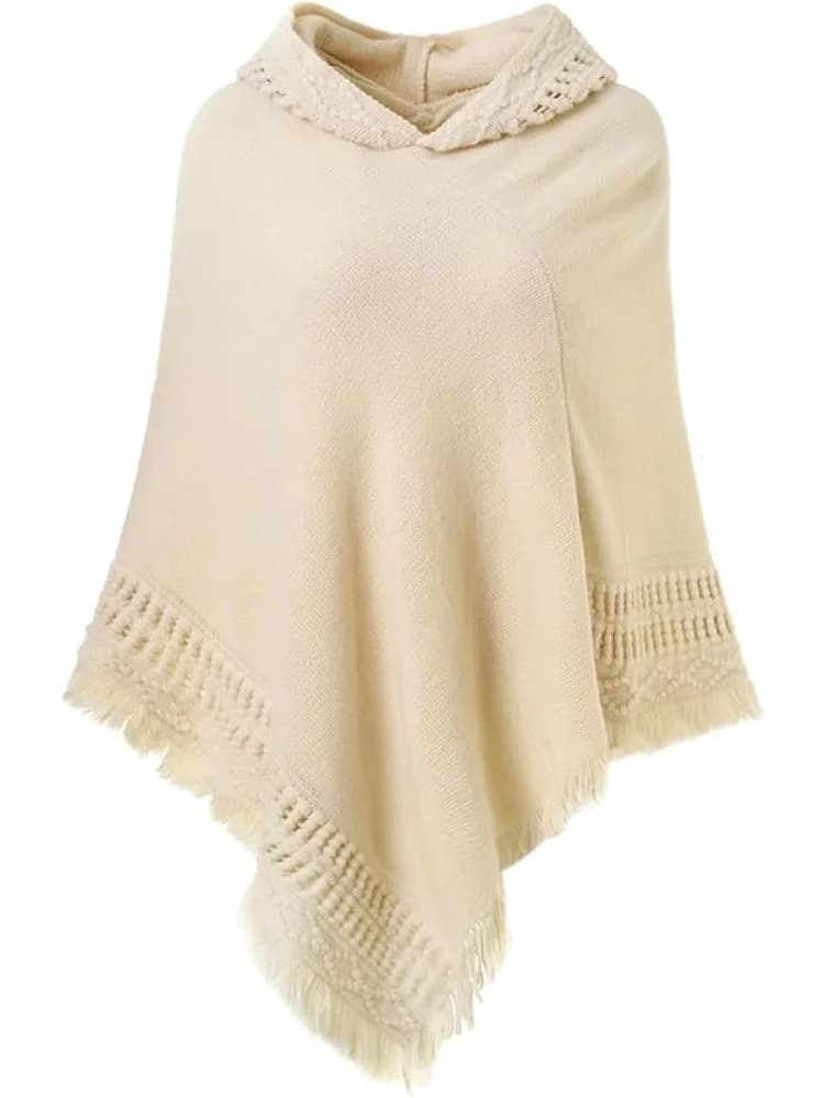 Cape à capuche pour femme avec ourlet à franges, motifs chauds de tricot poncho au crochet pour femm
