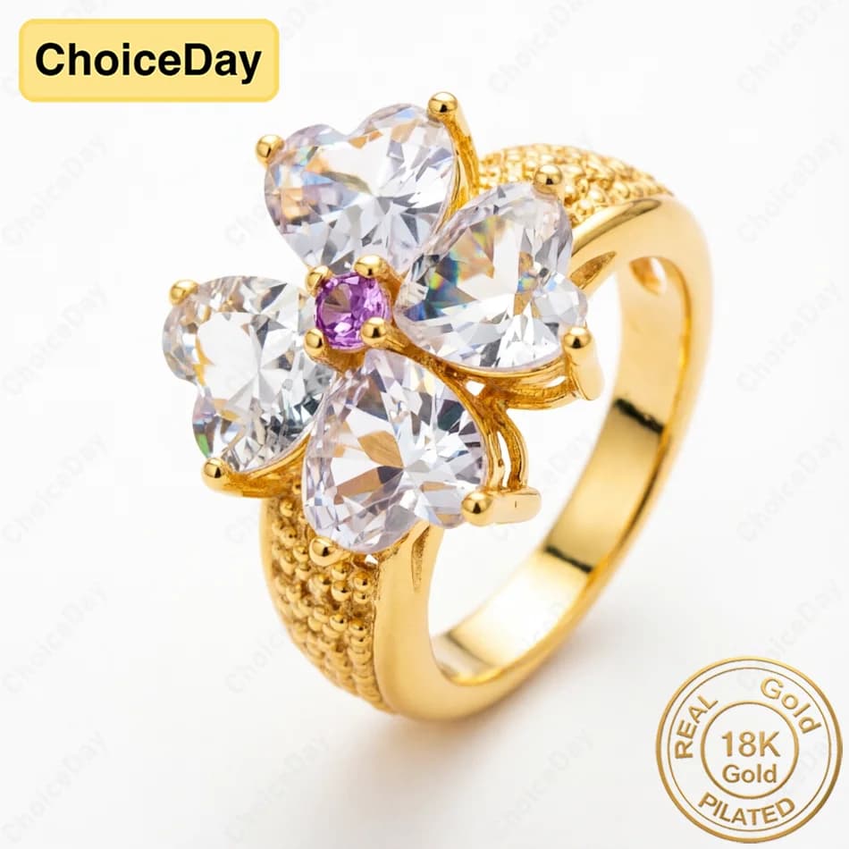 Bague élégante plaquée or 18 carats, luxueuse, avec quatre cœurs en zircone, bijoux pour femmes, cad