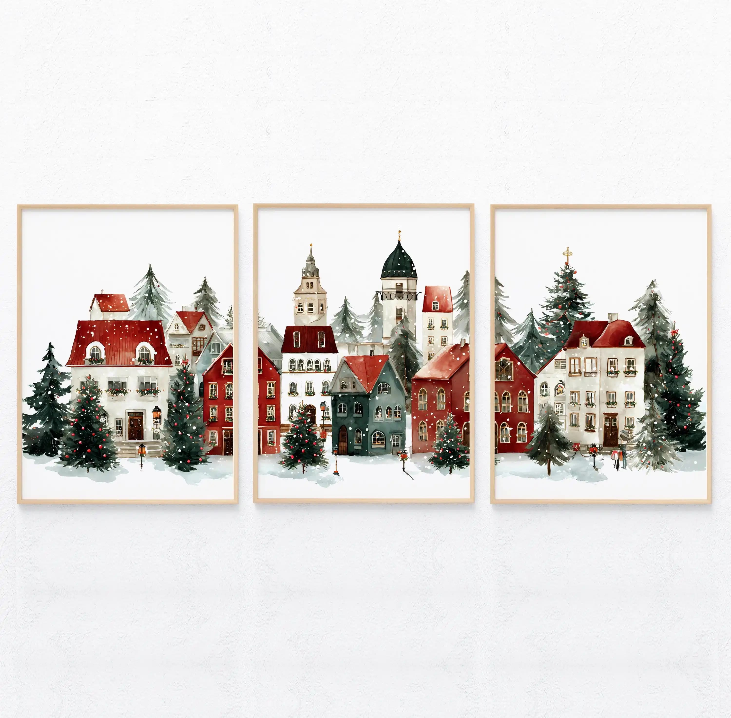 Ensemble d'imprimés de Village de noël, 3 peintures de ville d'hiver enneigées, affiche imprimée pou