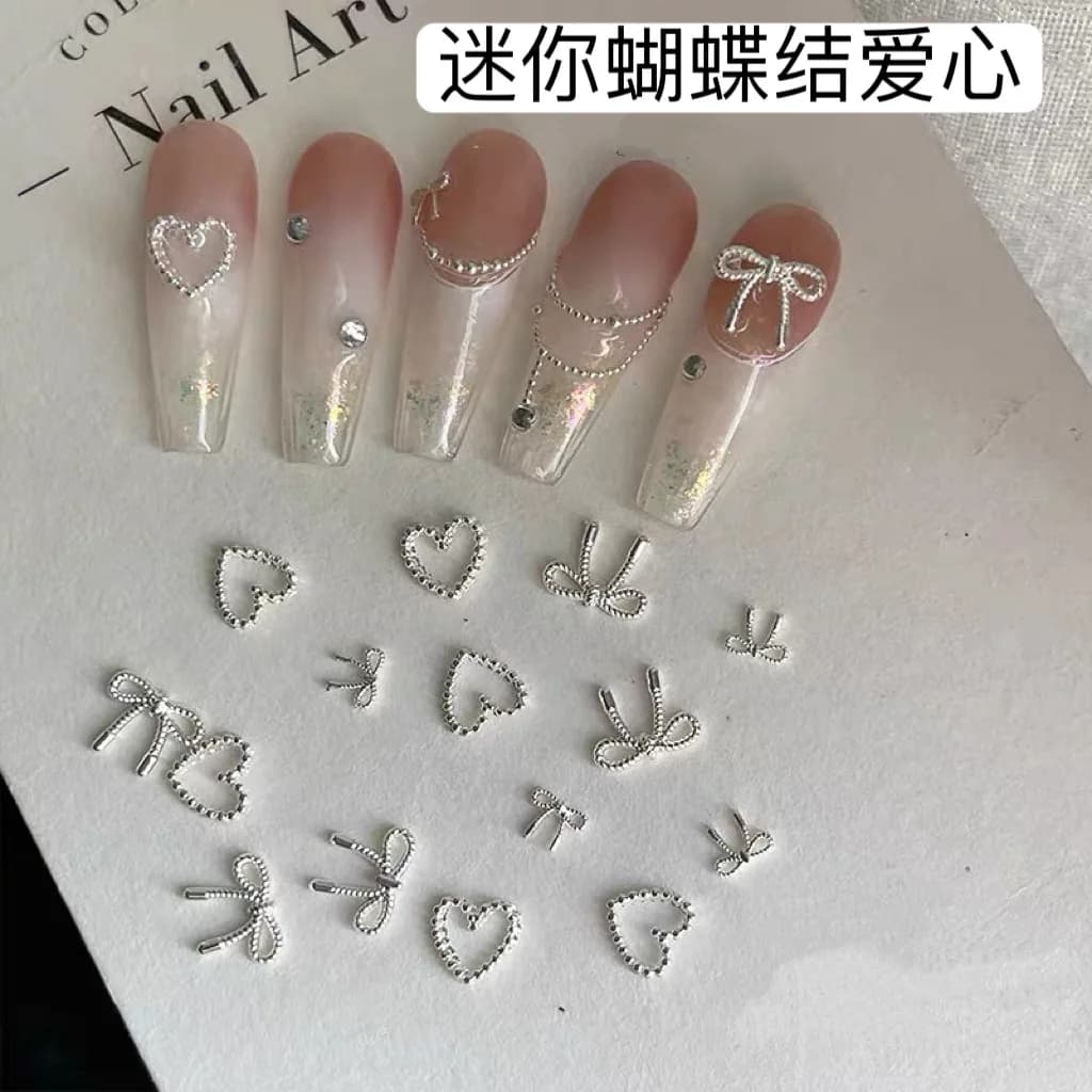 Décorations d'ongles avec nœud papillon en argent, breloques, ruban en alliage métallique, pièces d'