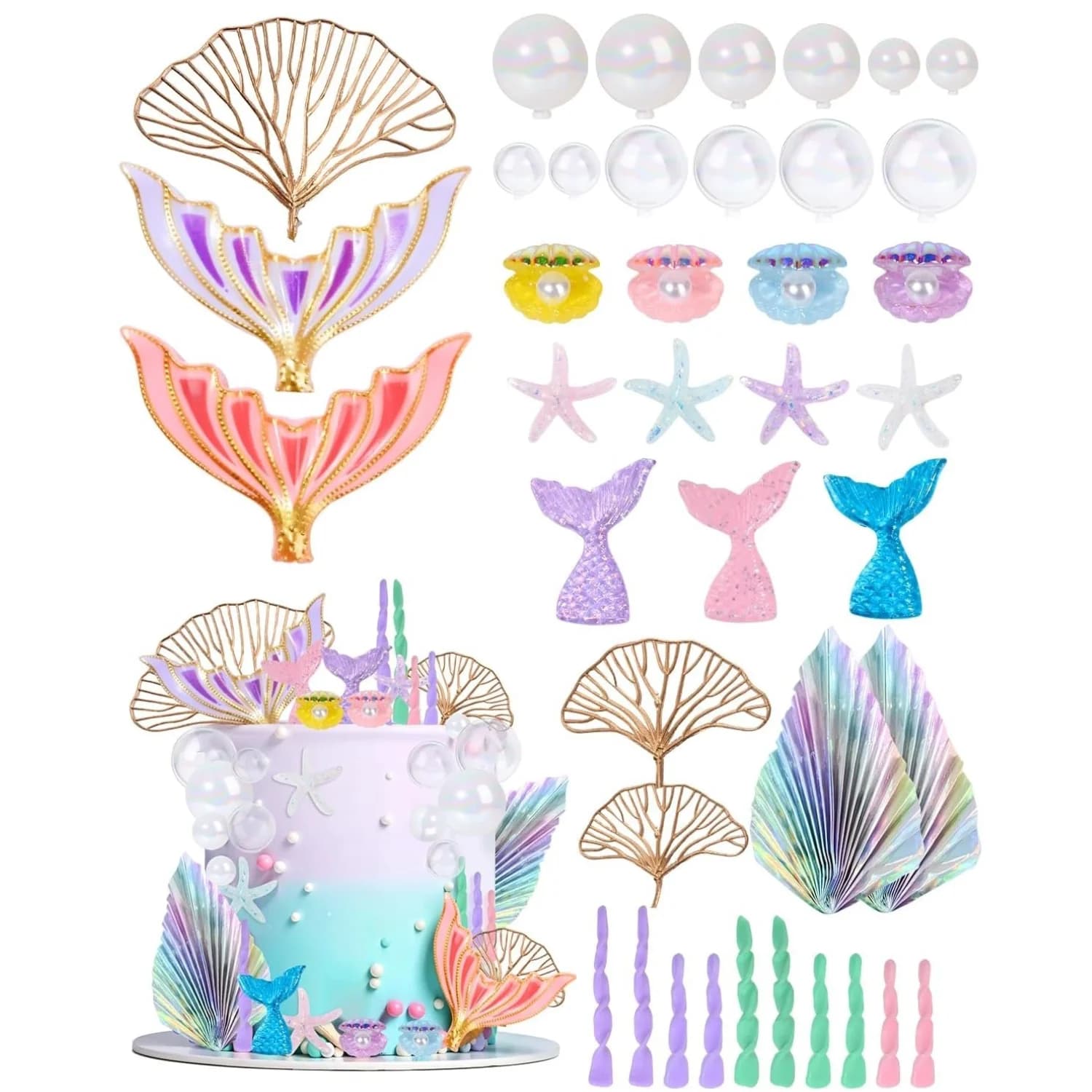 Décorations de gâteau sirène, ensemble de 38 pièces de décoration de gâteau sous la mer avec feuille