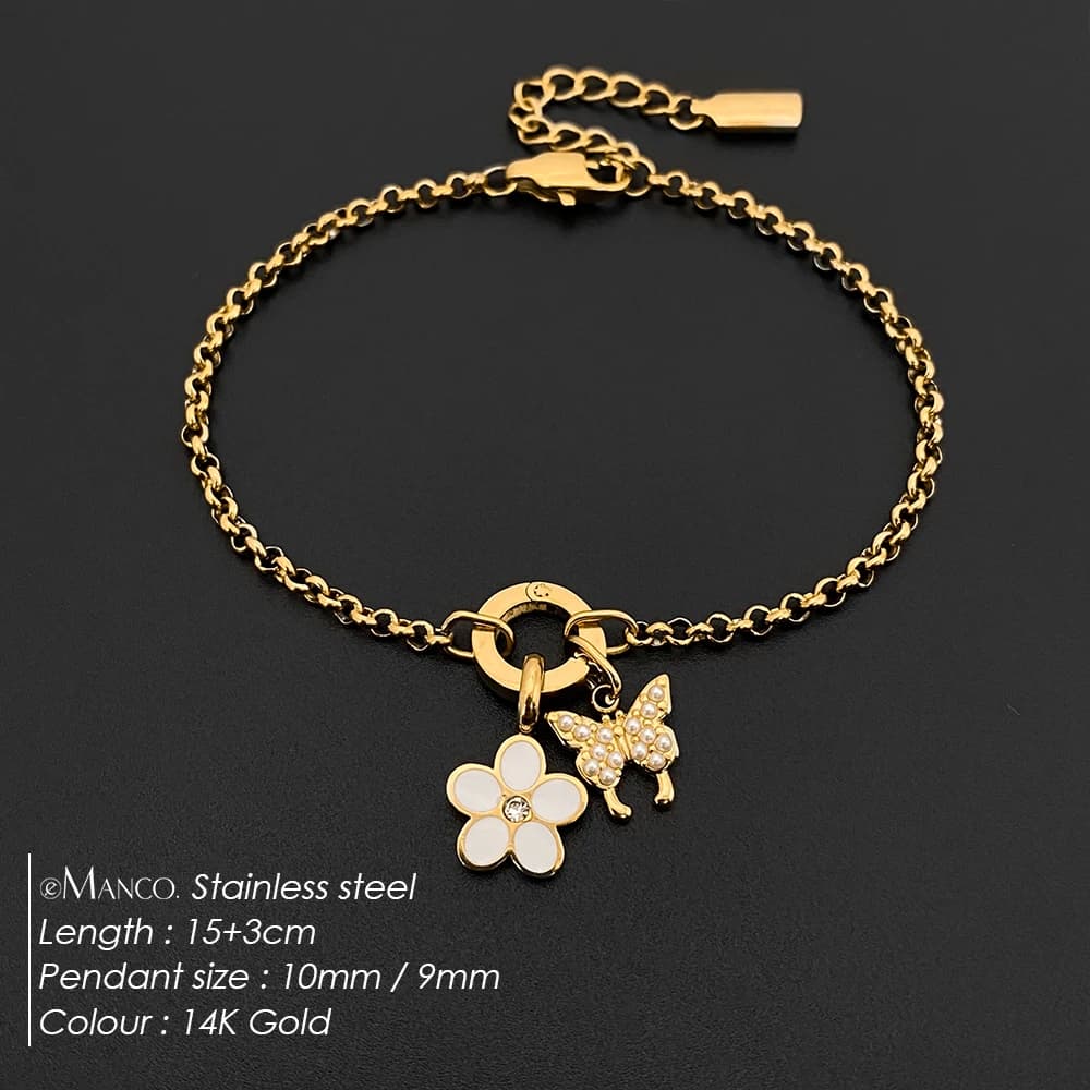 EManco Bracelet en acier inoxydable Style minimaliste perle papillon breloque O-chaîne bijoux pour l