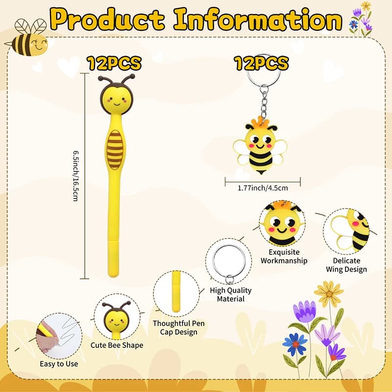 12 ensembles de cadeaux de fête d'abeille comprenant un porte-clés d'abeille mignon, un sac à cadeau