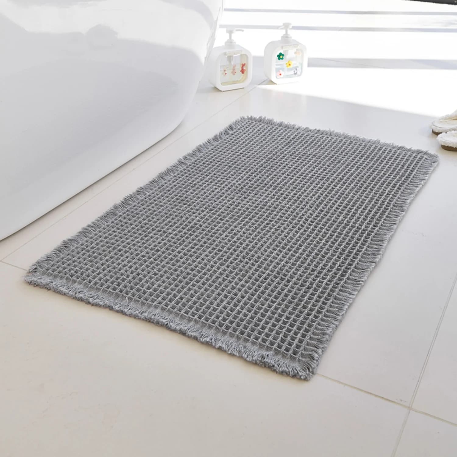 Tapis de bain gaufré, Super absorbant, antidérapant, Ultra doux, lavable en Machine, avec pompons
