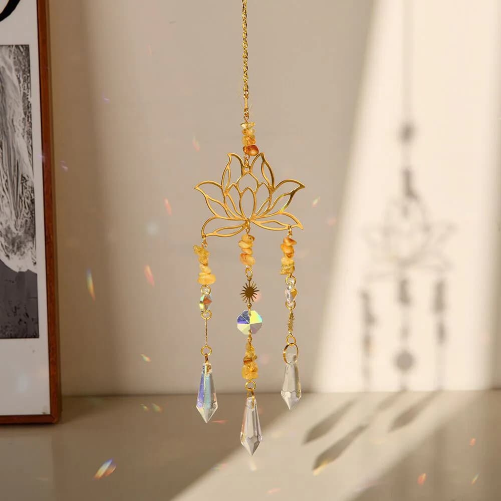 Attrape-soleil en cristal doré Lotus, 1 pièce, décor suspendu, arc-en-ciel, cristaux, vitrail, décor