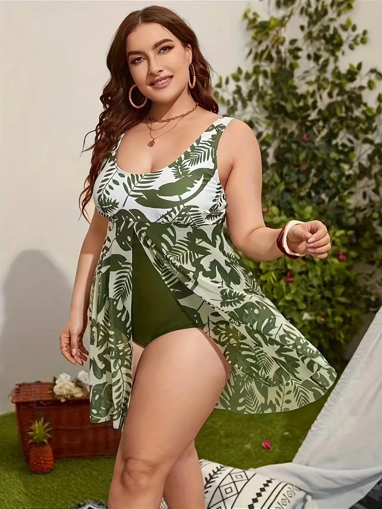Maillot de bain une pièce grande taille à imprimé végétal et ourlet à volants pour femme, vêtements 