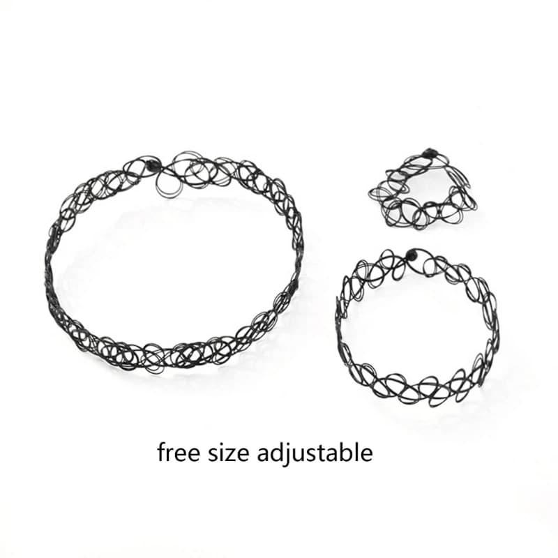 Ras du cou élastiques extensibles pour femmes et filles, 3 pièces, noir, tatouages, bracelet, bague,