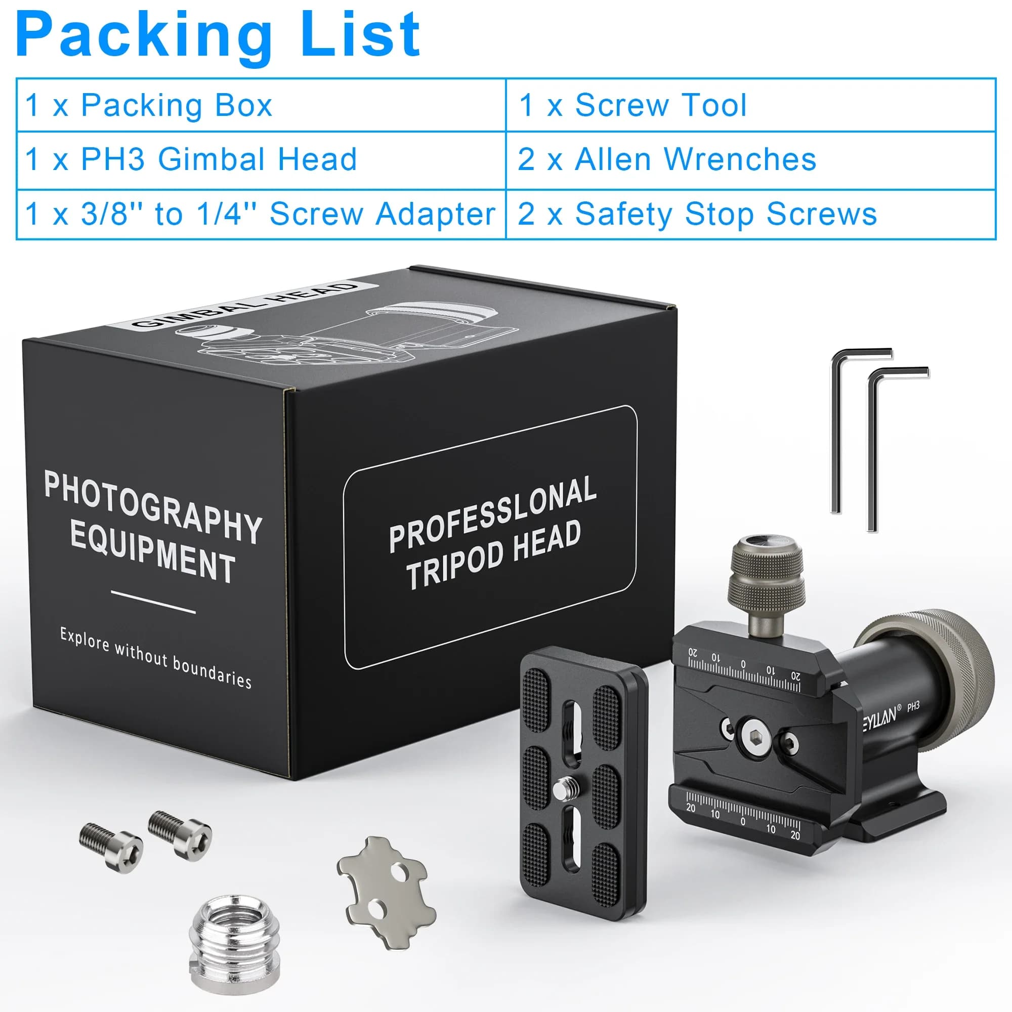 Tête de cardan monopode WEYLLAN PH3 avec plaque de fixation rapide Arca Swiss pour trépied, monopode