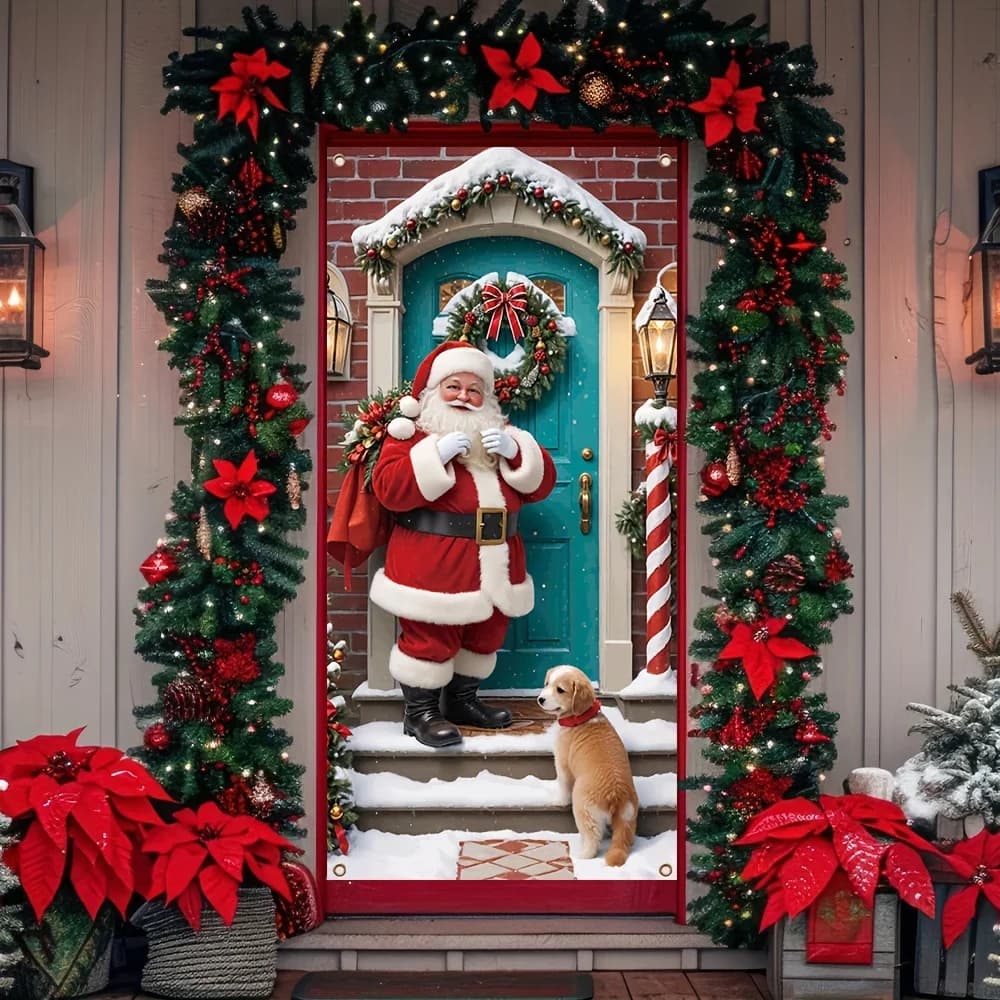 Décoration de bannière de porte de noël, design de père noël et de chiot de dessin animé, adapté aux