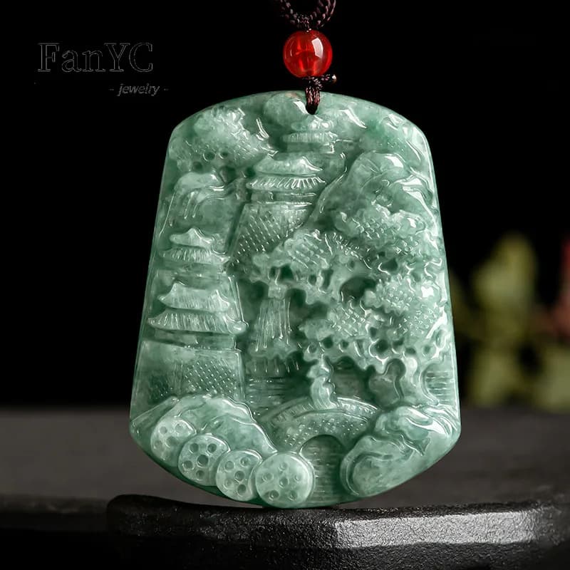 Pendentif paysage en jadéite naturelle authentique, sculpté à la main, à la mode pour hommes et femm