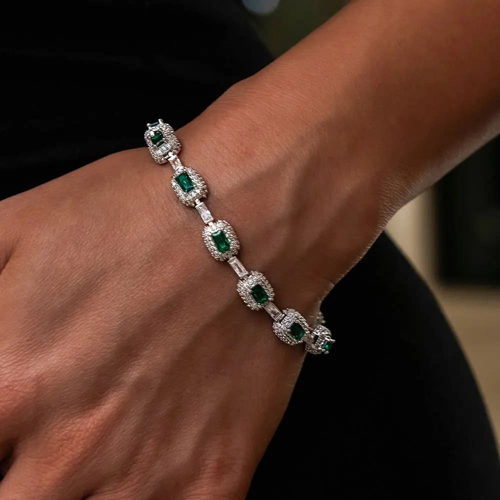 Bracelet émeraude en or blanc avec diamant pour homme et femme, bijoux fins, vert glacé, pierre préc