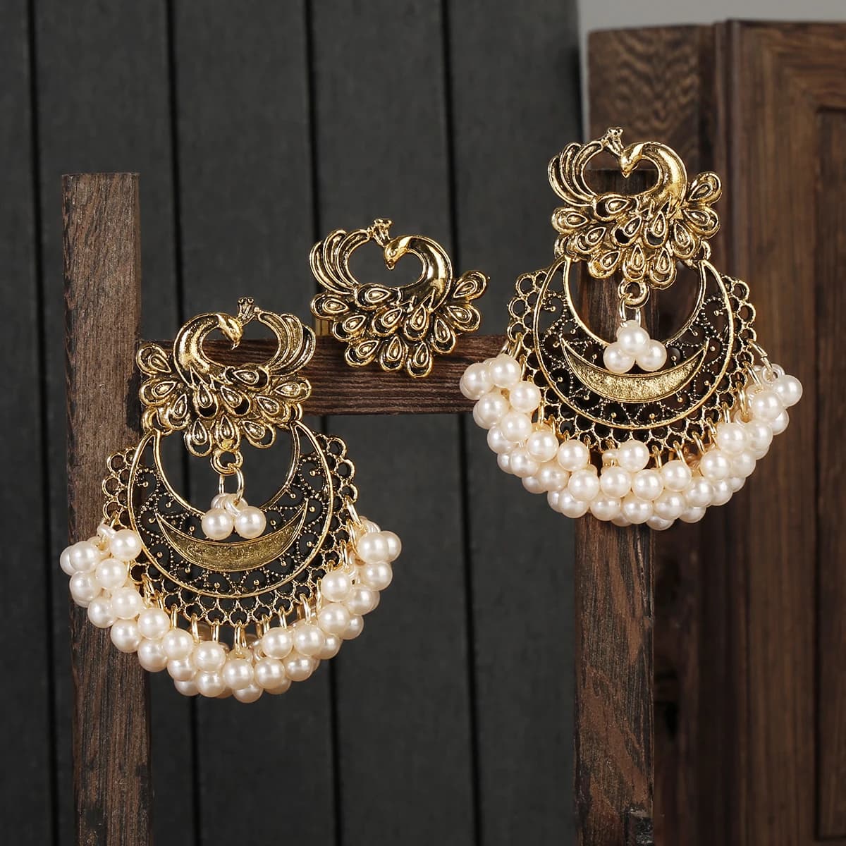 Ensemble de bijoux indiens bohèmes pour femmes, boucles d'oreilles documents en or, bague en perles,