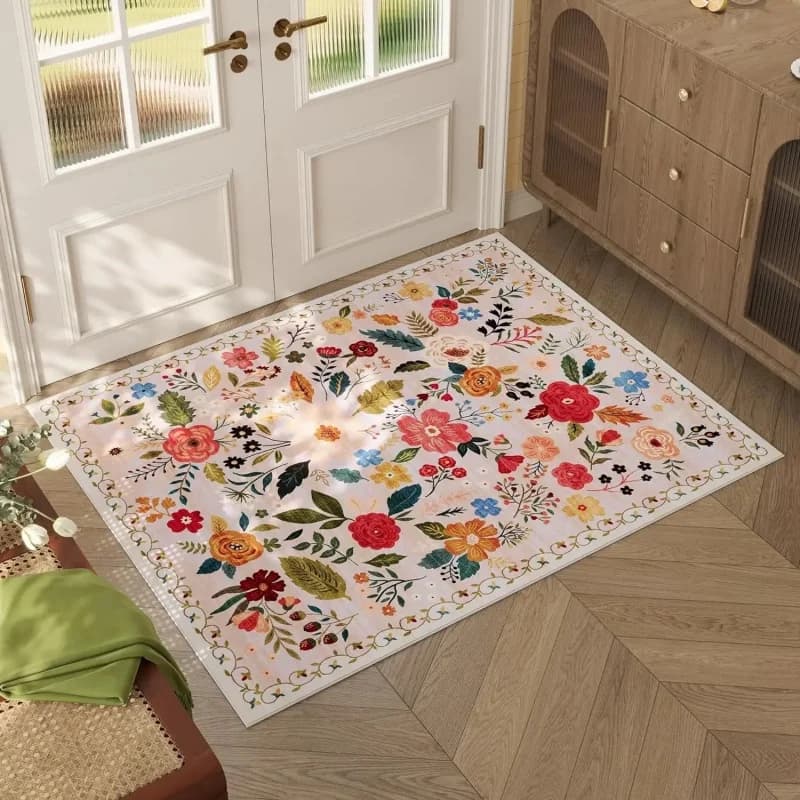Tapis Bohème Coloré à Motifs Floraux Grand Format Antidérapant pour Salon et Chambre à Coucher