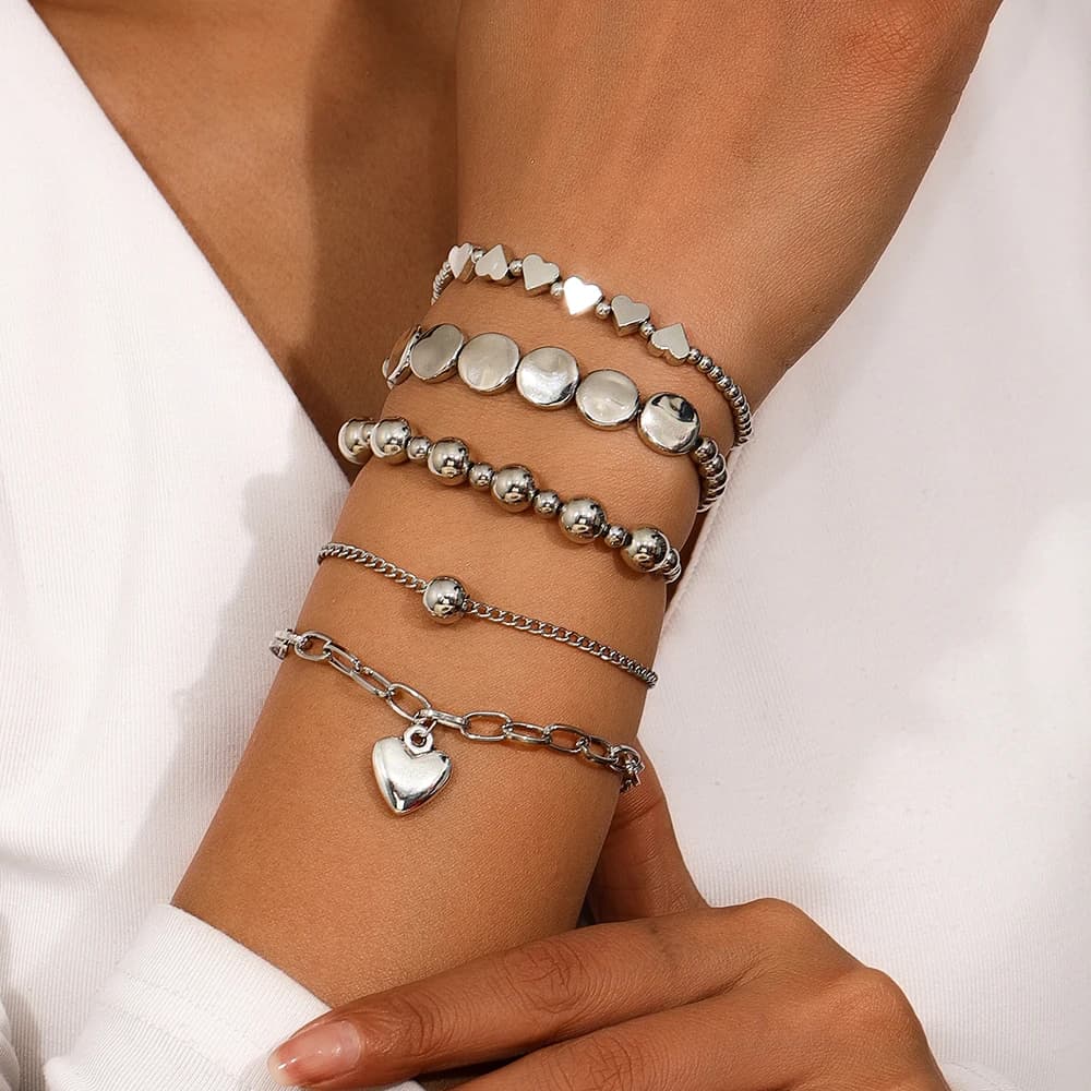Aihua 5 pièces/ensemble Vintage CCB perles chaîne coeurs Bracelets pour femme minimalisme élastique