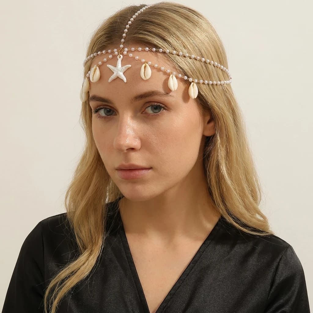 Serre-tête Bohème Coquillage, Bijou de Cheveux Chaîne pour Femme, Élégant, Imitation Perle, Pompon,
